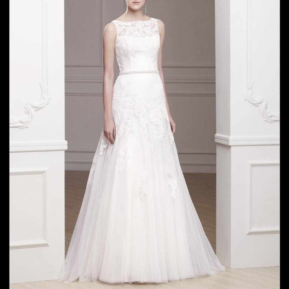 Illusion Lace Neckline Ivory Wedding Dress With Beading and Tulle Skirt
